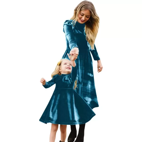 Mommy and Me Dress Ruffle Long Sleeve Casual Christmas Party Velvet Dress Mother Daughter Family Matching Dress ClothesLake Blue