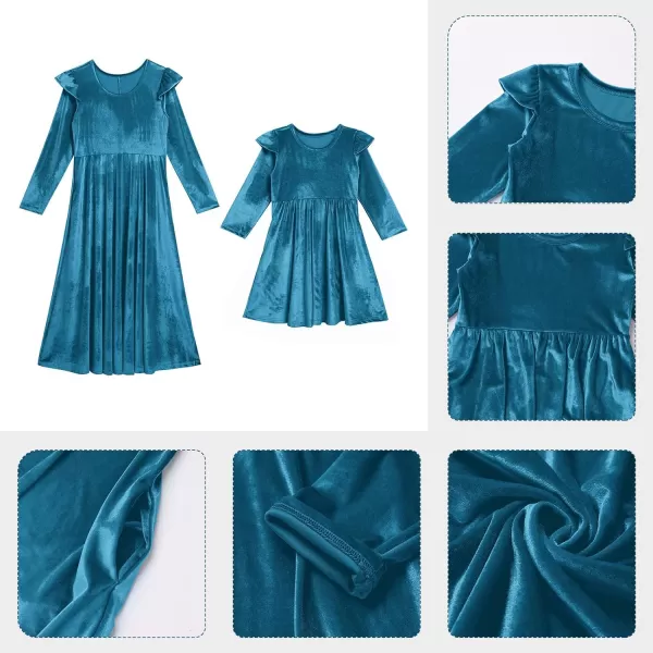 Mommy and Me Dress Ruffle Long Sleeve Casual Christmas Party Velvet Dress Mother Daughter Family Matching Dress ClothesLake Blue
