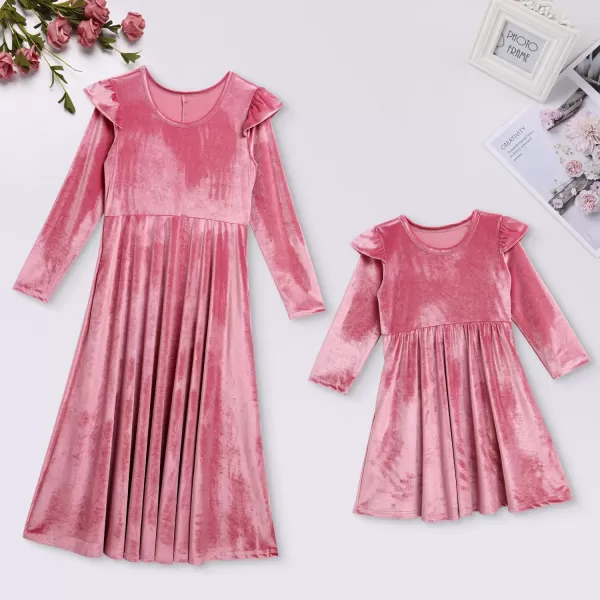 Mommy and Me Dress Ruffle Long Sleeve Casual Christmas Party Velvet Dress Mother Daughter Family Matching Dress ClothesPink