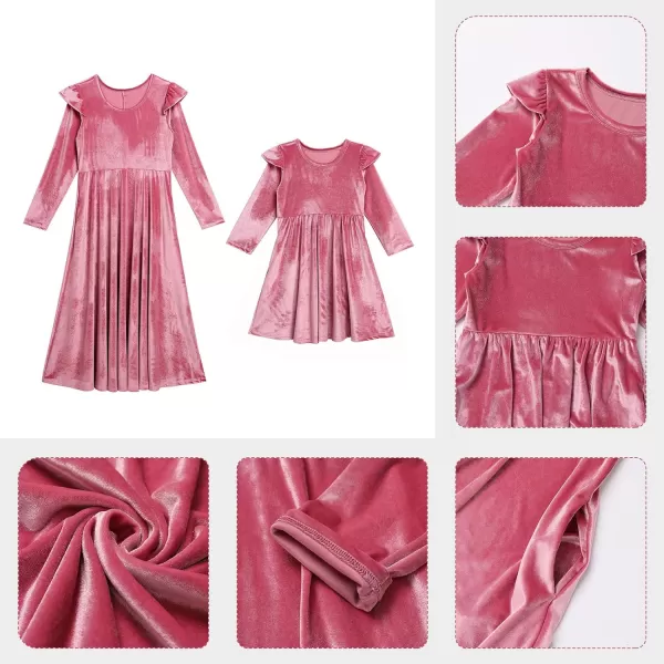 Mommy and Me Dress Ruffle Long Sleeve Casual Christmas Party Velvet Dress Mother Daughter Family Matching Dress ClothesPink