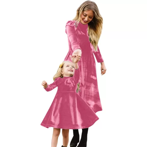 Mommy and Me Dress Ruffle Long Sleeve Casual Christmas Party Velvet Dress Mother Daughter Family Matching Dress ClothesPink