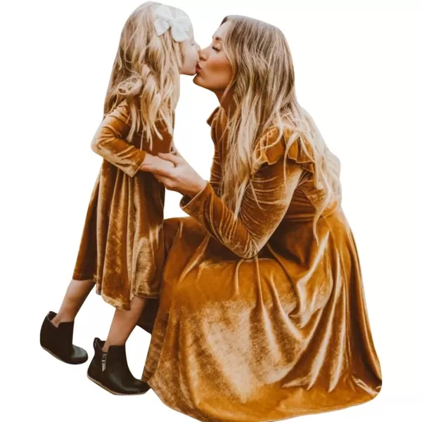 Mommy and Me Dress Ruffle Long Sleeve Casual Christmas Party Velvet Dress Mother Daughter Family Matching Dress ClothesYellow
