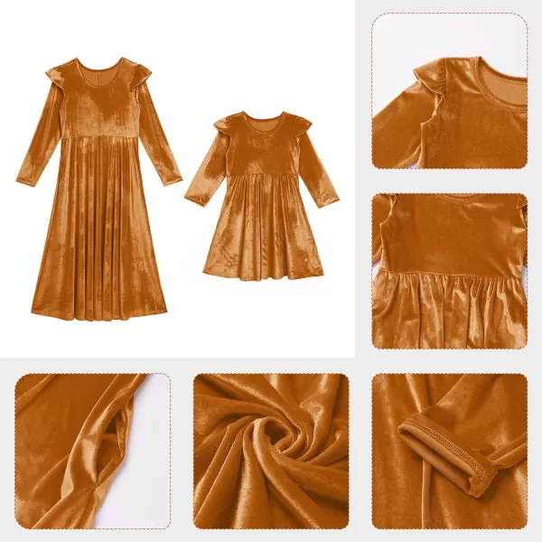 Mommy and Me Dress Ruffle Long Sleeve Casual Christmas Party Velvet Dress Mother Daughter Family Matching Dress ClothesYellow