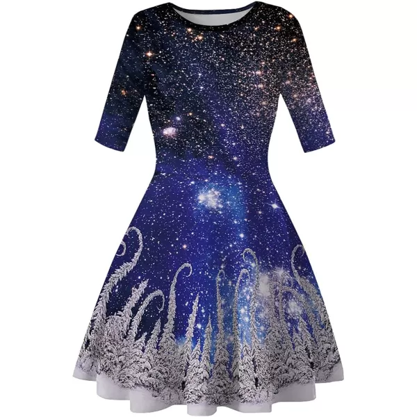 Mother Daughter Christmas Dress for Women Girls Xmas Holiday Cocktail Party Dresses Mommy and Me Family Matching OutfitBlue Galaxy