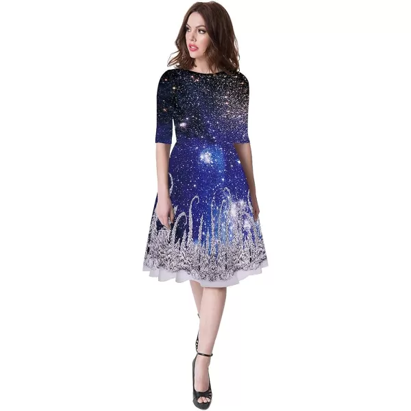 Mother Daughter Christmas Dress for Women Girls Xmas Holiday Cocktail Party Dresses Mommy and Me Family Matching OutfitBlue Galaxy