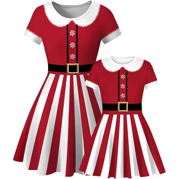 Mother Daughter Christmas Dress for Women Girls Xmas Holiday Cocktail Party Dresses Mommy and Me Family Matching OutfitRed Santa Claus Striped