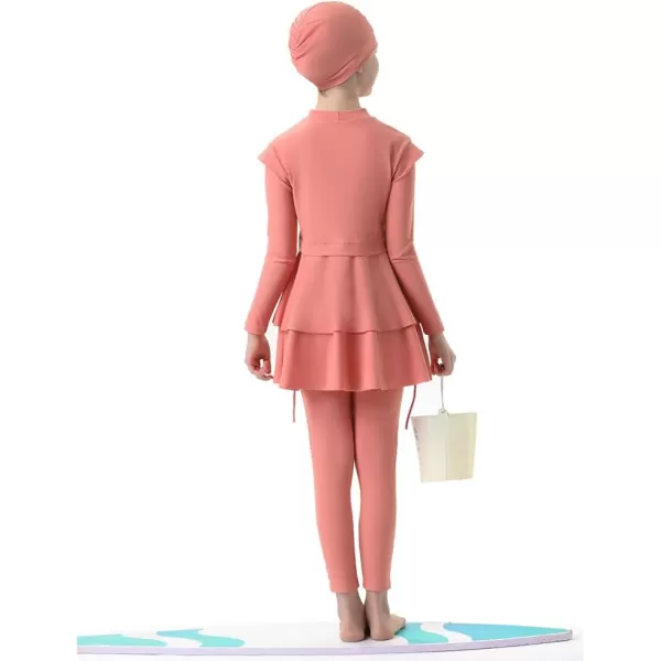Muslim Swimsuits for Girls Kids Butterfly Islamic Swimwear Burkini Full Cover Hijab Top Pants Swim Costume Bathing SuitCoral Color 3pcs