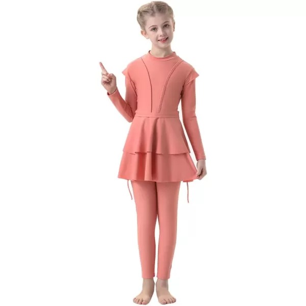 Muslim Swimsuits for Girls Kids Butterfly Islamic Swimwear Burkini Full Cover Hijab Top Pants Swim Costume Bathing SuitCoral Color 3pcs