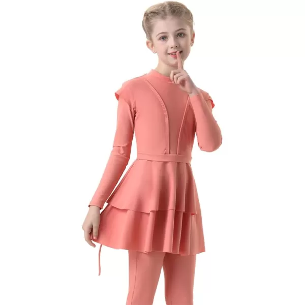 Muslim Swimsuits for Girls Kids Butterfly Islamic Swimwear Burkini Full Cover Hijab Top Pants Swim Costume Bathing SuitCoral Color 3pcs
