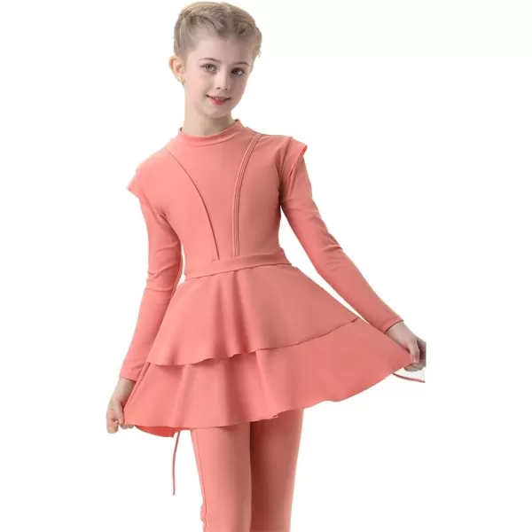 Muslim Swimsuits for Girls Kids Butterfly Islamic Swimwear Burkini Full Cover Hijab Top Pants Swim Costume Bathing SuitCoral Color 3pcs