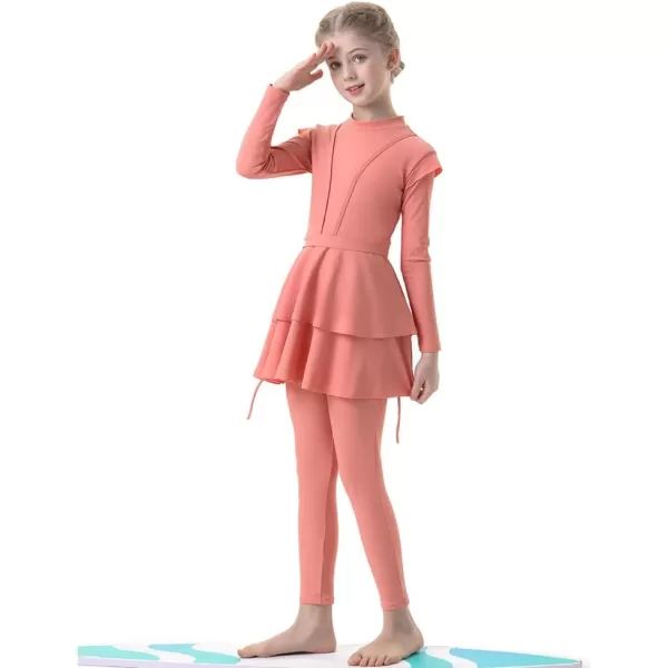 Muslim Swimsuits for Girls Kids Butterfly Islamic Swimwear Burkini Full Cover Hijab Top Pants Swim Costume Bathing SuitCoral Color 3pcs