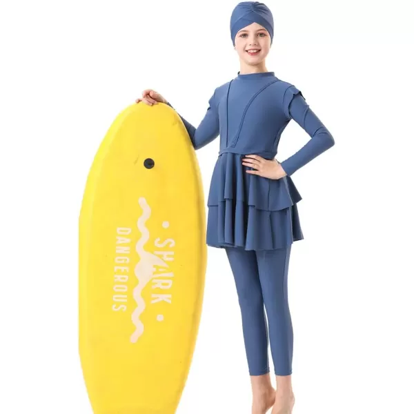 Muslim Swimsuits for Girls Kids Butterfly Islamic Swimwear Burkini Full Cover Hijab Top Pants Swim Costume Bathing SuitDark Blue 3pcs