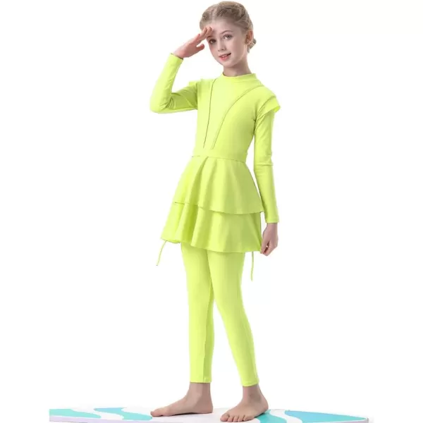 Muslim Swimsuits for Girls Kids Butterfly Islamic Swimwear Burkini Full Cover Hijab Top Pants Swim Costume Bathing SuitFluorescent Green 3pcs