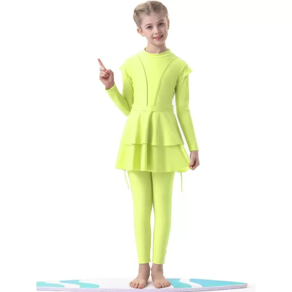 Muslim Swimsuits for Girls Kids Butterfly Islamic Swimwear Burkini Full Cover Hijab Top Pants Swim Costume Bathing SuitFluorescent Green 3pcs