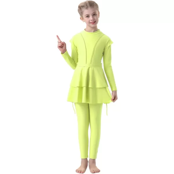 Muslim Swimsuits for Girls Kids Butterfly Islamic Swimwear Burkini Full Cover Hijab Top Pants Swim Costume Bathing SuitFluorescent Green 3pcs