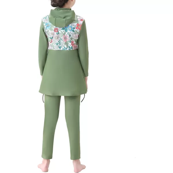 Muslim Swimsuits for Girls Kids Butterfly Islamic Swimwear Burkini Full Cover Hijab Top Pants Swim Costume Bathing SuitGreen  Long Sleeve