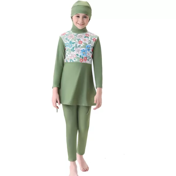 Muslim Swimsuits for Girls Kids Butterfly Islamic Swimwear Burkini Full Cover Hijab Top Pants Swim Costume Bathing SuitGreen  Long Sleeve