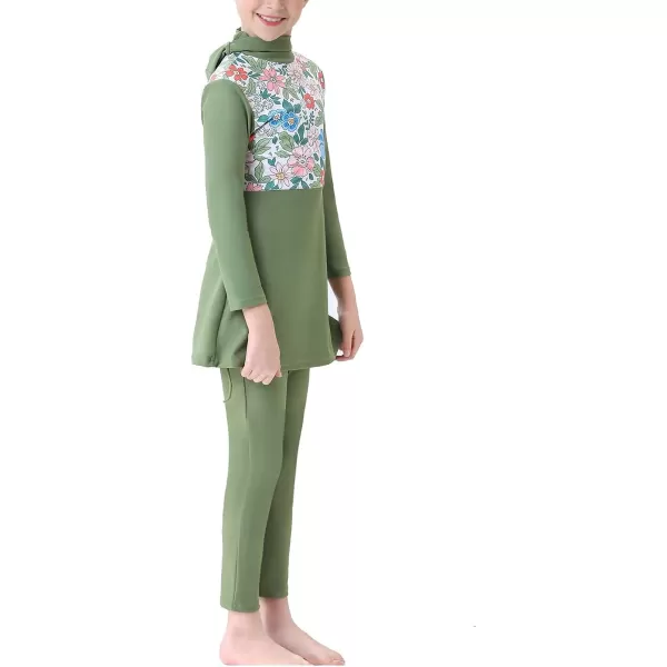 Muslim Swimsuits for Girls Kids Butterfly Islamic Swimwear Burkini Full Cover Hijab Top Pants Swim Costume Bathing SuitGreen  Long Sleeve