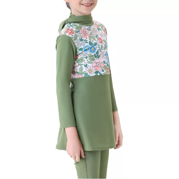 Muslim Swimsuits for Girls Kids Butterfly Islamic Swimwear Burkini Full Cover Hijab Top Pants Swim Costume Bathing SuitGreen  Long Sleeve