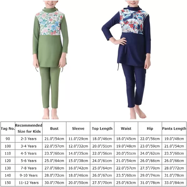 Muslim Swimsuits for Girls Kids Butterfly Islamic Swimwear Burkini Full Cover Hijab Top Pants Swim Costume Bathing SuitGreen  Long Sleeve