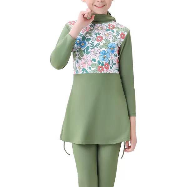 Muslim Swimsuits for Girls Kids Butterfly Islamic Swimwear Burkini Full Cover Hijab Top Pants Swim Costume Bathing SuitGreen  Long Sleeve