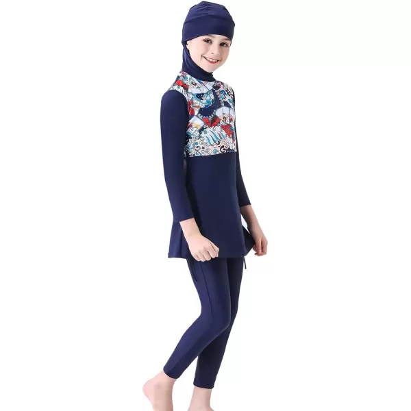 Muslim Swimsuits for Girls Kids Butterfly Islamic Swimwear Burkini Full Cover Hijab Top Pants Swim Costume Bathing SuitNavy Blue  Long Sleeve