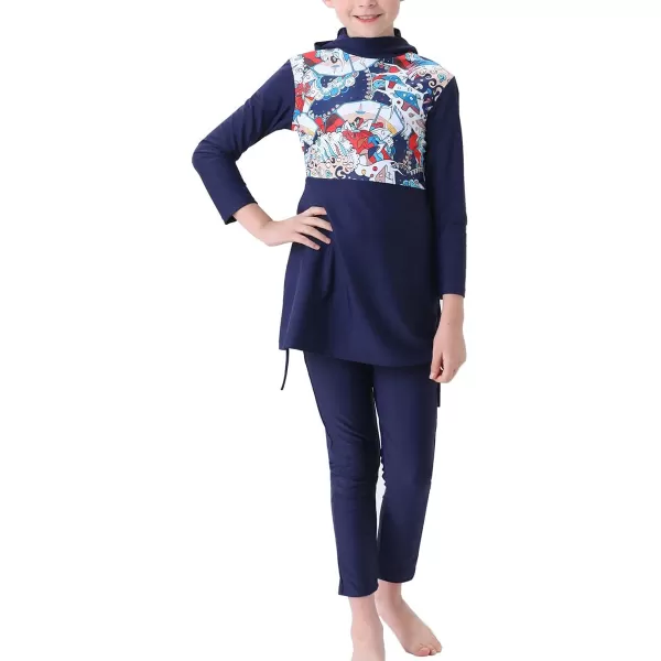 Muslim Swimsuits for Girls Kids Butterfly Islamic Swimwear Burkini Full Cover Hijab Top Pants Swim Costume Bathing SuitNavy Blue  Long Sleeve