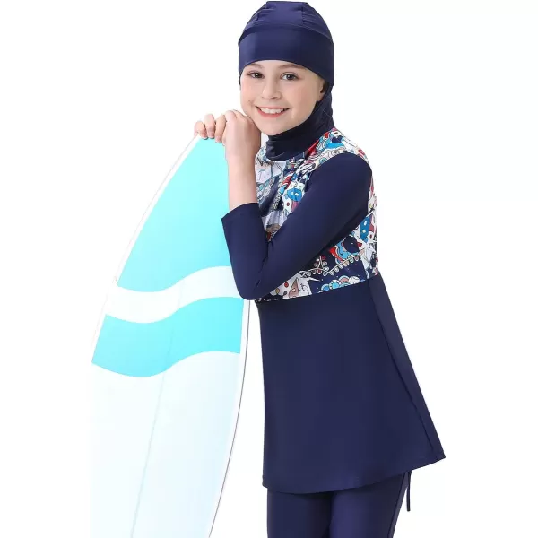 Muslim Swimsuits for Girls Kids Butterfly Islamic Swimwear Burkini Full Cover Hijab Top Pants Swim Costume Bathing SuitNavy Blue  Long Sleeve