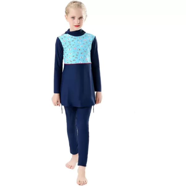 Muslim Swimsuits for Girls Kids Butterfly Islamic Swimwear Burkini Full Cover Hijab Top Pants Swim Costume Bathing SuitNavy Blue Butterfly  Long