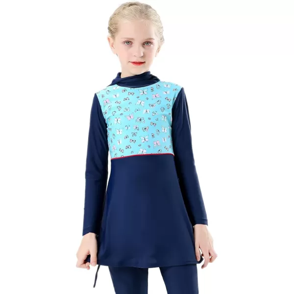 Muslim Swimsuits for Girls Kids Butterfly Islamic Swimwear Burkini Full Cover Hijab Top Pants Swim Costume Bathing SuitNavy Blue Butterfly  Long