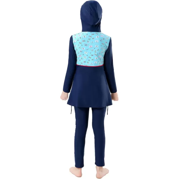 Muslim Swimsuits for Girls Kids Butterfly Islamic Swimwear Burkini Full Cover Hijab Top Pants Swim Costume Bathing SuitNavy Blue Butterfly  Long