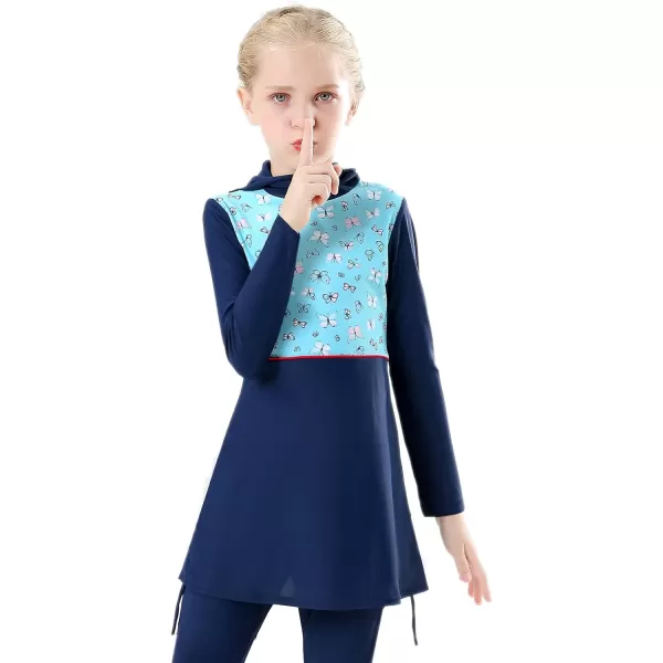 Muslim Swimsuits for Girls Kids Butterfly Islamic Swimwear Burkini Full Cover Hijab Top Pants Swim Costume Bathing SuitNavy Blue Butterfly  Long