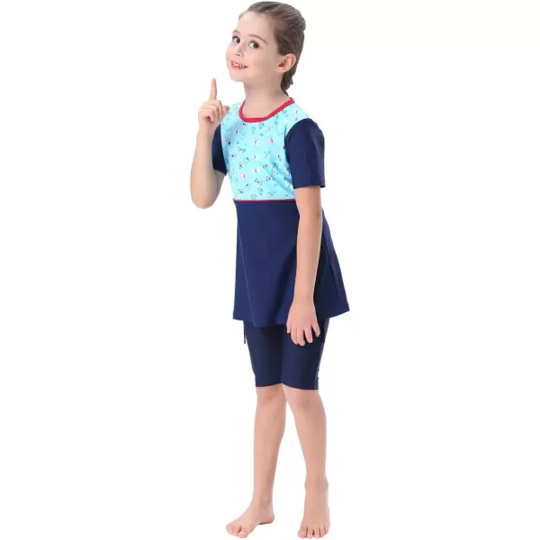 Muslim Swimsuits for Girls Kids Butterfly Islamic Swimwear Burkini Full Cover Hijab Top Pants Swim Costume Bathing SuitNavy Blue Butterfly  Short