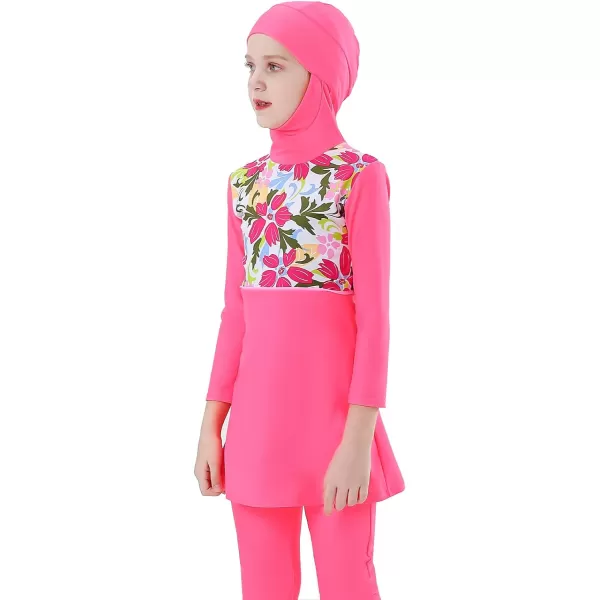 Muslim Swimsuits for Girls Kids Butterfly Islamic Swimwear Burkini Full Cover Hijab Top Pants Swim Costume Bathing SuitPink Floral  Long