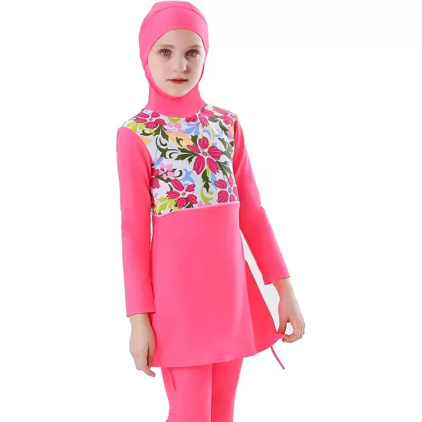 Muslim Swimsuits for Girls Kids Butterfly Islamic Swimwear Burkini Full Cover Hijab Top Pants Swim Costume Bathing SuitPink Floral  Long