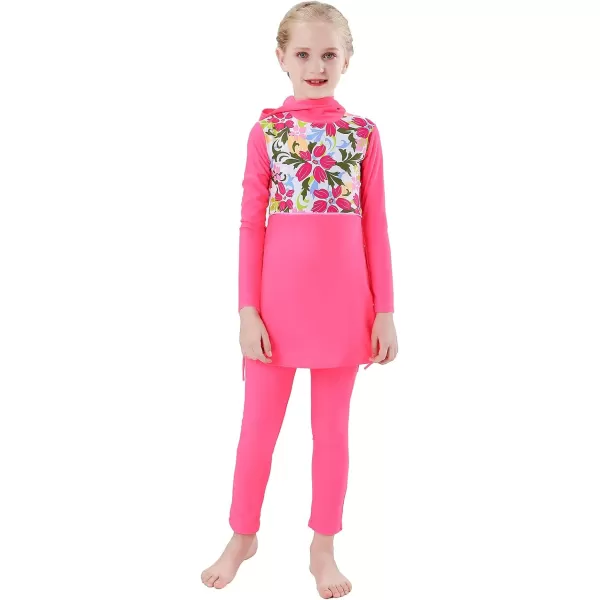 Muslim Swimsuits for Girls Kids Butterfly Islamic Swimwear Burkini Full Cover Hijab Top Pants Swim Costume Bathing SuitPink Floral  Long