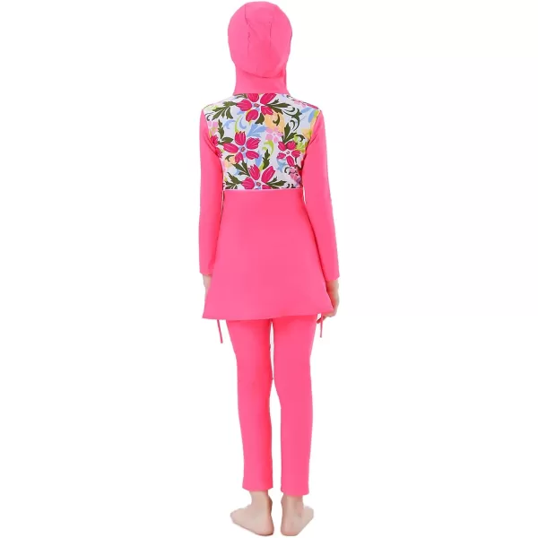 Muslim Swimsuits for Girls Kids Butterfly Islamic Swimwear Burkini Full Cover Hijab Top Pants Swim Costume Bathing SuitPink Floral  Long