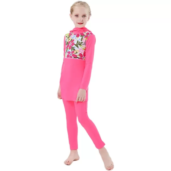 Muslim Swimsuits for Girls Kids Butterfly Islamic Swimwear Burkini Full Cover Hijab Top Pants Swim Costume Bathing SuitPink Floral  Long