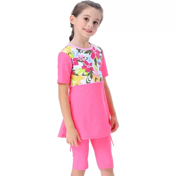 Muslim Swimsuits for Girls Kids Butterfly Islamic Swimwear Burkini Full Cover Hijab Top Pants Swim Costume Bathing SuitPink Floral  Short