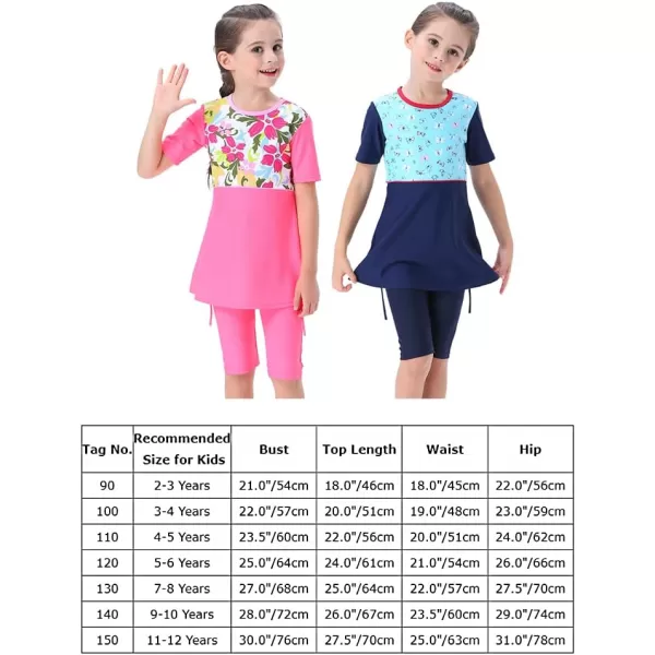 Muslim Swimsuits for Girls Kids Butterfly Islamic Swimwear Burkini Full Cover Hijab Top Pants Swim Costume Bathing SuitPink Floral  Short