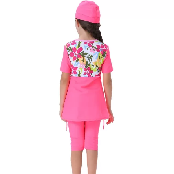 Muslim Swimsuits for Girls Kids Butterfly Islamic Swimwear Burkini Full Cover Hijab Top Pants Swim Costume Bathing SuitPink Floral  Short