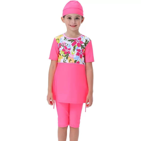 Muslim Swimsuits for Girls Kids Butterfly Islamic Swimwear Burkini Full Cover Hijab Top Pants Swim Costume Bathing SuitPink Floral  Short