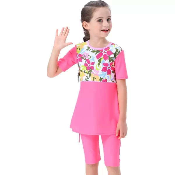 Muslim Swimsuits for Girls Kids Butterfly Islamic Swimwear Burkini Full Cover Hijab Top Pants Swim Costume Bathing SuitPink Floral  Short