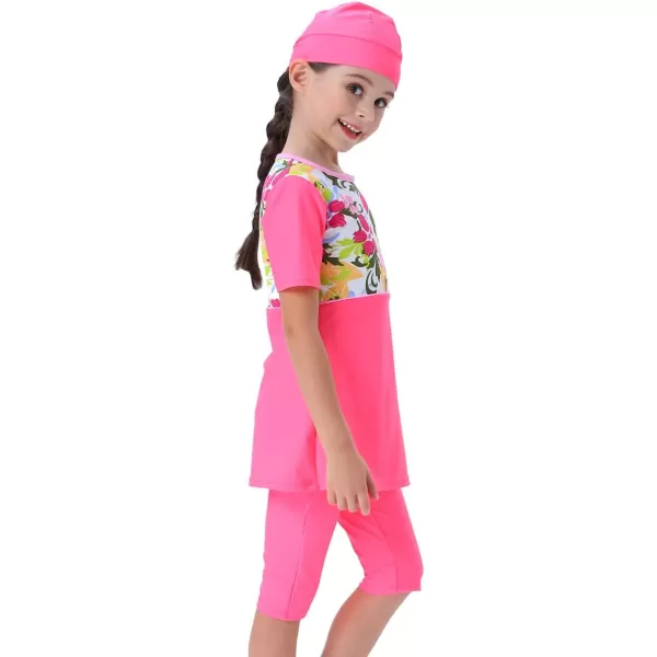 Muslim Swimsuits for Girls Kids Butterfly Islamic Swimwear Burkini Full Cover Hijab Top Pants Swim Costume Bathing SuitPink Floral  Short