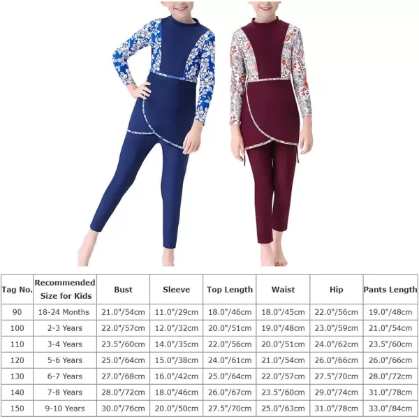 Muslim Swimsuits for Girls Kids Butterfly Islamic Swimwear Burkini Full Cover Hijab Top Pants Swim Costume Bathing SuitWine Red