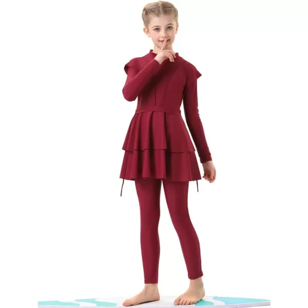 Muslim Swimsuits for Girls Kids Butterfly Islamic Swimwear Burkini Full Cover Hijab Top Pants Swim Costume Bathing SuitWine Red 3pcs