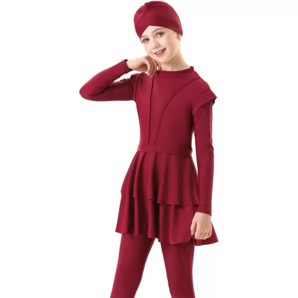 Muslim Swimsuits for Girls Kids Butterfly Islamic Swimwear Burkini Full Cover Hijab Top Pants Swim Costume Bathing SuitWine Red 3pcs