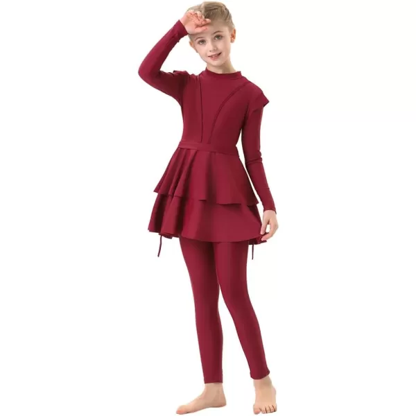 Muslim Swimsuits for Girls Kids Butterfly Islamic Swimwear Burkini Full Cover Hijab Top Pants Swim Costume Bathing SuitWine Red 3pcs