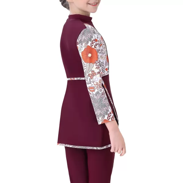 Muslim Swimsuits for Girls Kids Butterfly Islamic Swimwear Burkini Full Cover Hijab Top Pants Swim Costume Bathing SuitWine Red