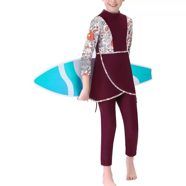 Muslim Swimsuits for Girls Kids Butterfly Islamic Swimwear Burkini Full Cover Hijab Top Pants Swim Costume Bathing SuitWine Red